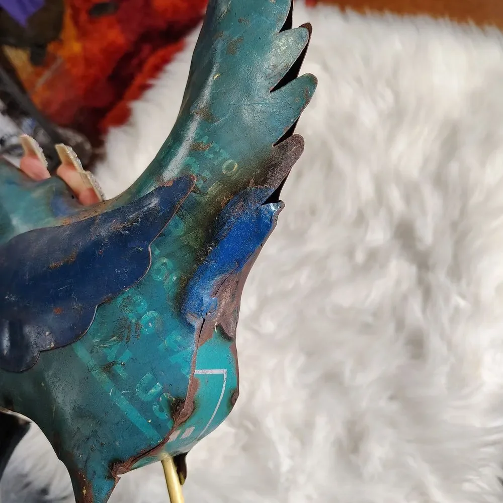Rustic Repurposed Colorful Scrap Metal Welded Hen Rooster Chkn Primitive Statue
